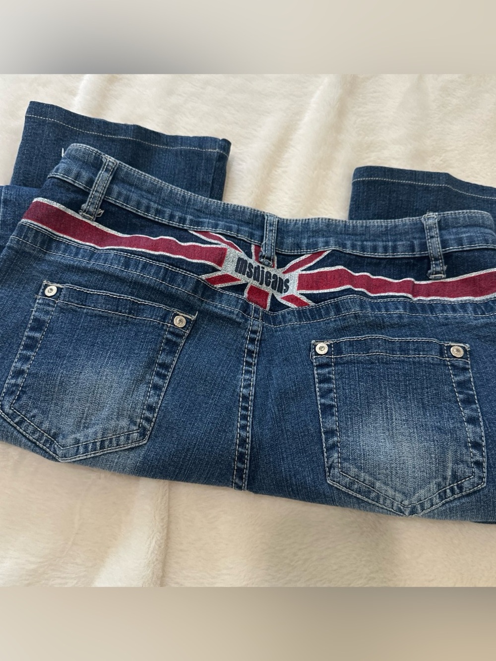 MSJ Jeans Women's Mid Blue Denim Jeans with Union Jack Waistband